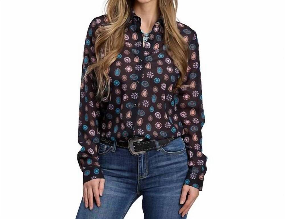 NEW ROPER georgette concho print shirt in black